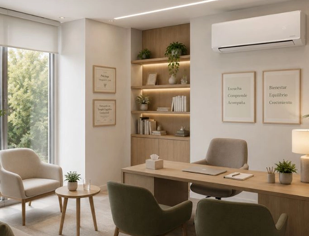 Sala de estar com ar condicionado split CoolSmart na parede