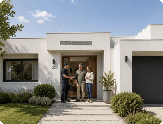 Instalador da CoolSmart com uma família à entrada da sua casa