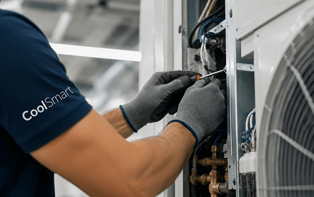 Técnico da CoolSmart a reparar uma unidade exterior de ar condicionado